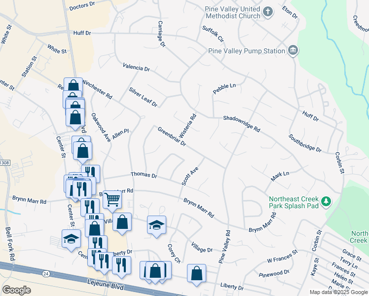 map of restaurants, bars, coffee shops, grocery stores, and more near 406 Greenbriar Drive in Jacksonville