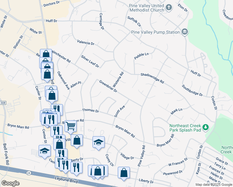 map of restaurants, bars, coffee shops, grocery stores, and more near 406 Greenbriar Drive in Jacksonville