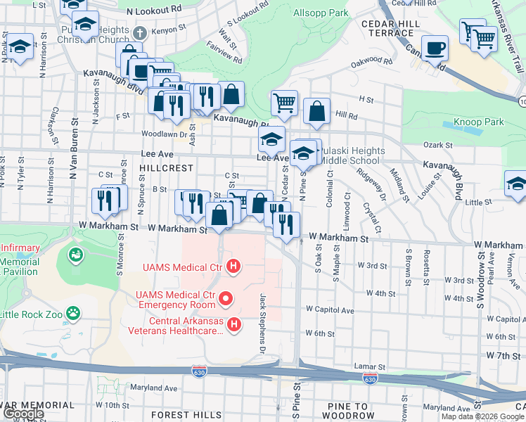 map of restaurants, bars, coffee shops, grocery stores, and more near 4100 West Markham Street in Little Rock