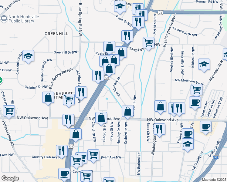 map of restaurants, bars, coffee shops, grocery stores, and more near 735 West Arbor Drive Northwest in Huntsville