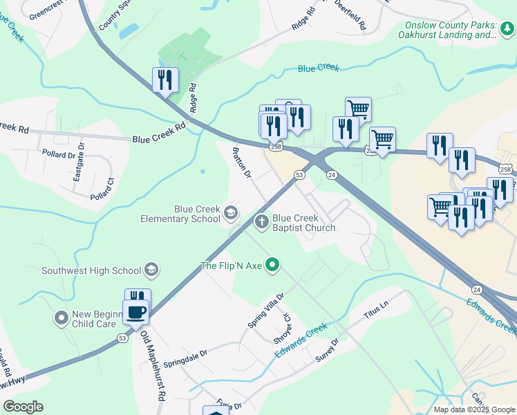 map of restaurants, bars, coffee shops, grocery stores, and more near 1230 Burgaw Highway in Jacksonville