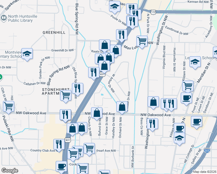 map of restaurants, bars, coffee shops, grocery stores, and more near 735 West Arbor Drive Northwest in Huntsville