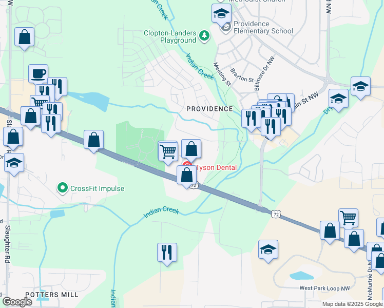 map of restaurants, bars, coffee shops, grocery stores, and more near 1466 Paramount Drive in Huntsville