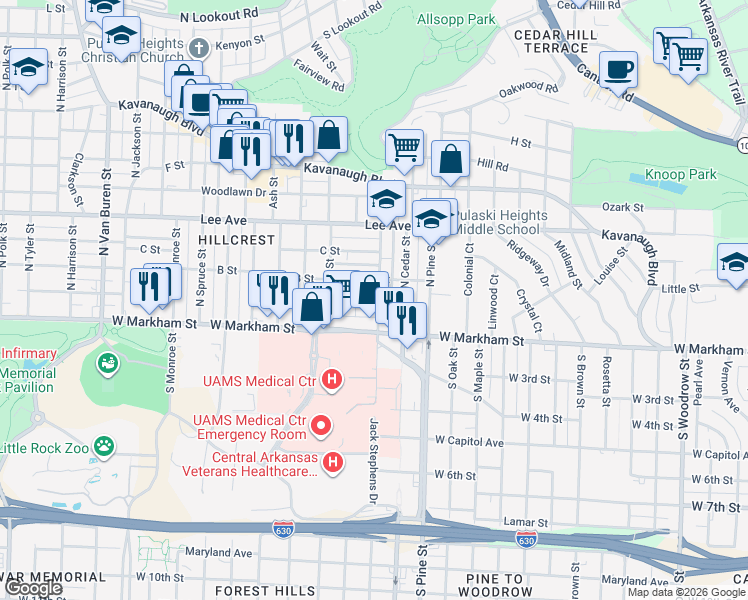 map of restaurants, bars, coffee shops, grocery stores, and more near 4100 West Markham Street in Little Rock