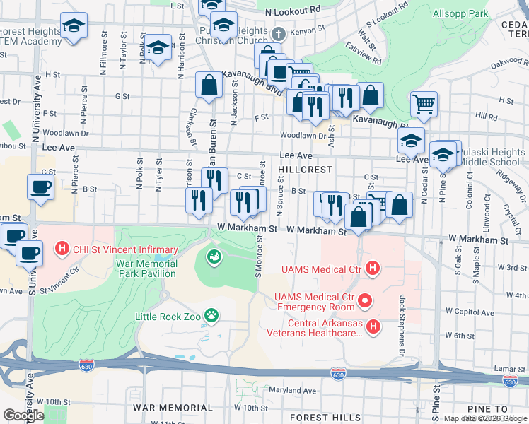 map of restaurants, bars, coffee shops, grocery stores, and more near 104 North Spruce Street in Little Rock