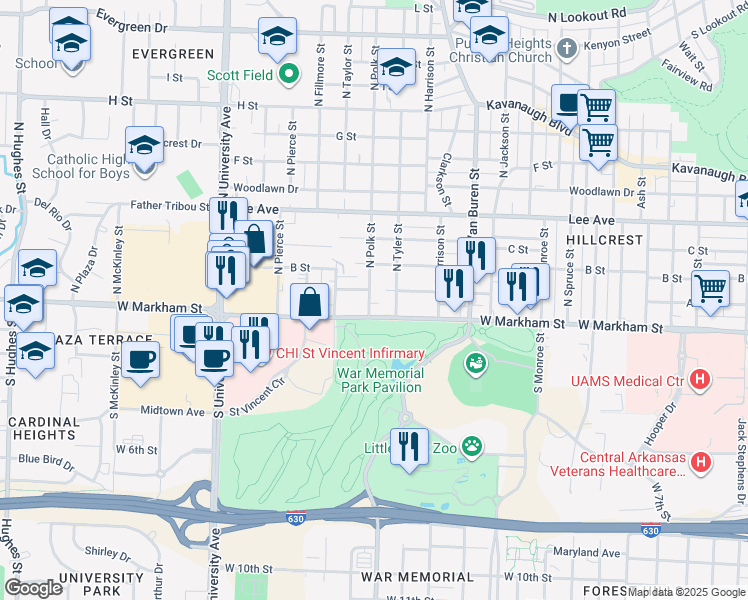 map of restaurants, bars, coffee shops, grocery stores, and more near 5418 West Markham Street in Little Rock