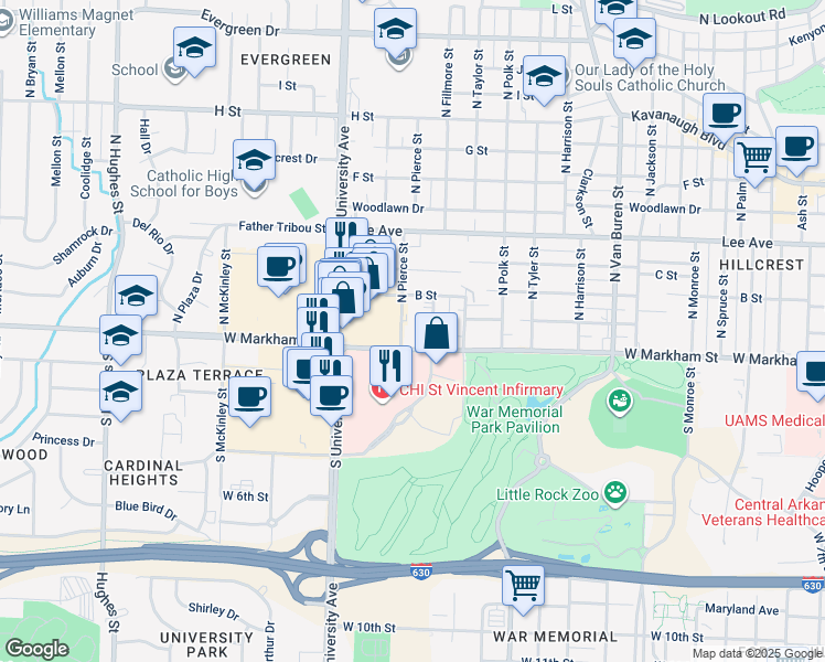 map of restaurants, bars, coffee shops, grocery stores, and more near 5801 West Markham Street in Little Rock
