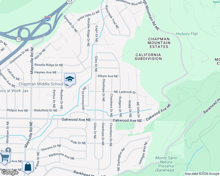 map of restaurants, bars, coffee shops, grocery stores, and more near 2026 Stanhope Drive Northeast in Huntsville