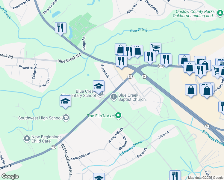 map of restaurants, bars, coffee shops, grocery stores, and more near 1230 Burgaw Highway in Jacksonville
