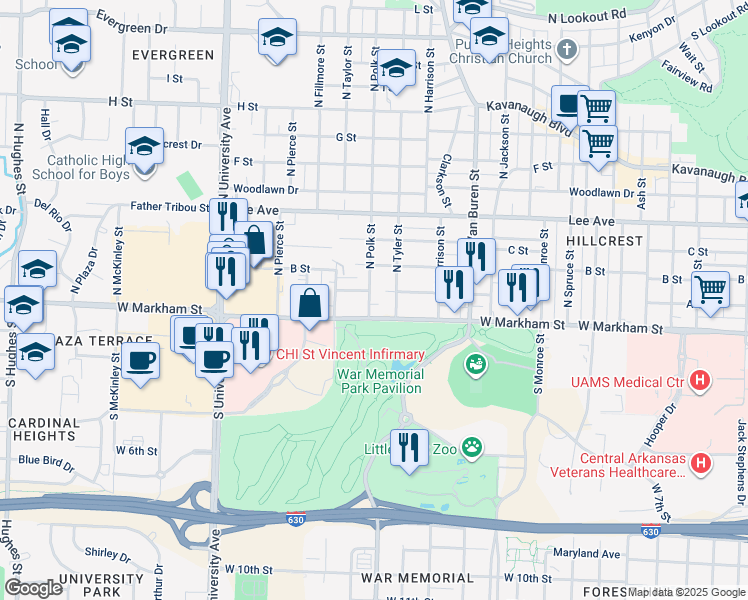 map of restaurants, bars, coffee shops, grocery stores, and more near 5418 West Markham Street in Little Rock