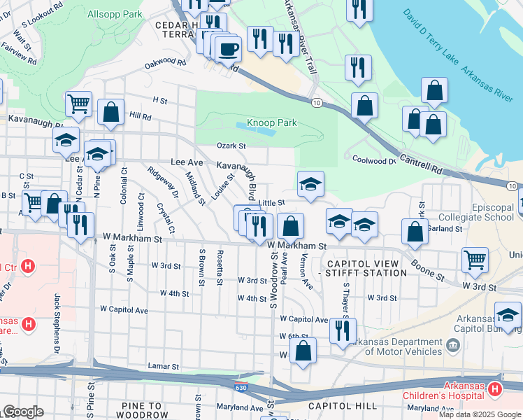 map of restaurants, bars, coffee shops, grocery stores, and more near 216 North Woodrow Street in Little Rock
