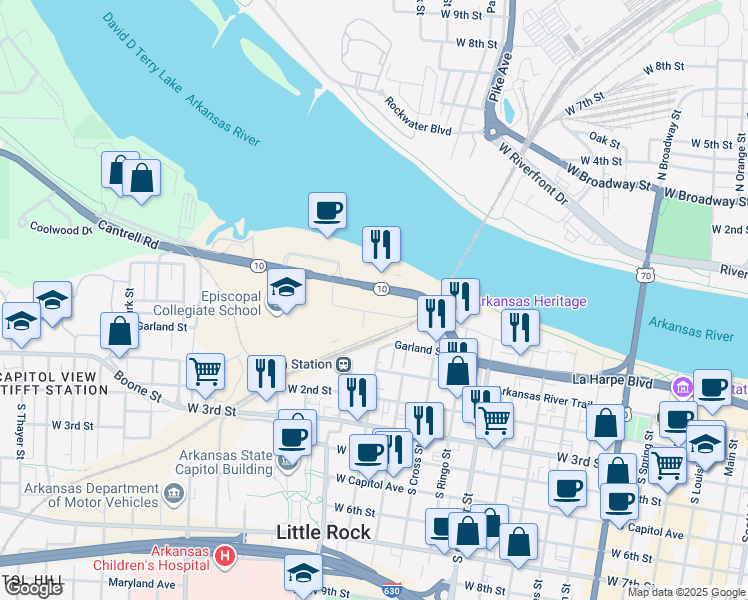 map of restaurants, bars, coffee shops, grocery stores, and more near 1415 Cantrell Road in Little Rock