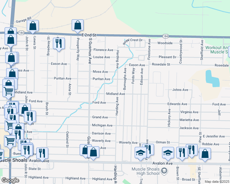 map of restaurants, bars, coffee shops, grocery stores, and more near 901-1059 Harding Avenue in Muscle Shoals