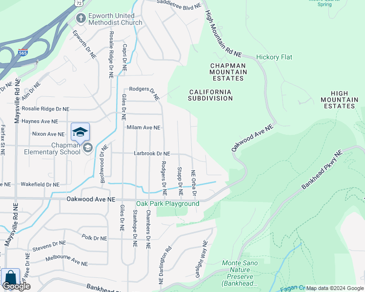 map of restaurants, bars, coffee shops, grocery stores, and more near 2102 Stapp Drive Northeast in Huntsville