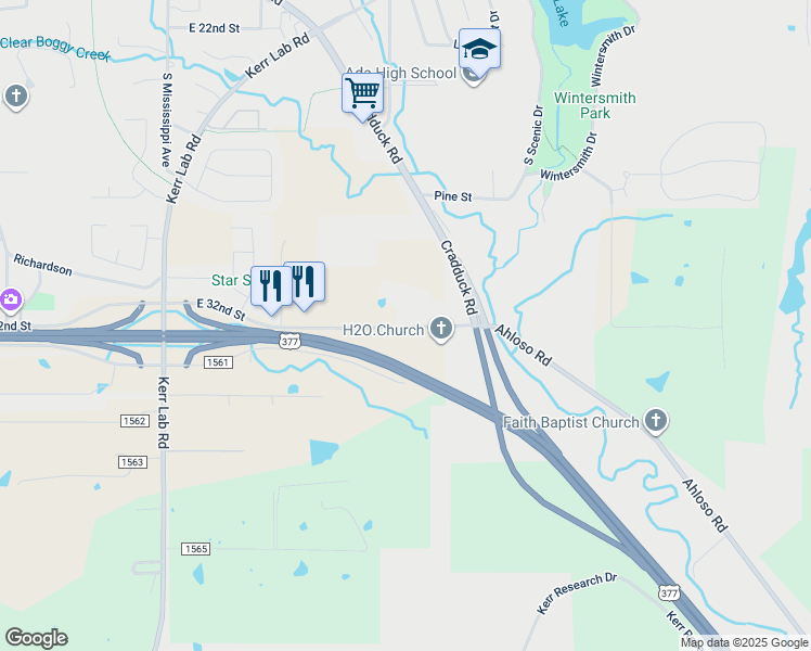 map of restaurants, bars, coffee shops, grocery stores, and more near 1104 East 32nd Street in Ada