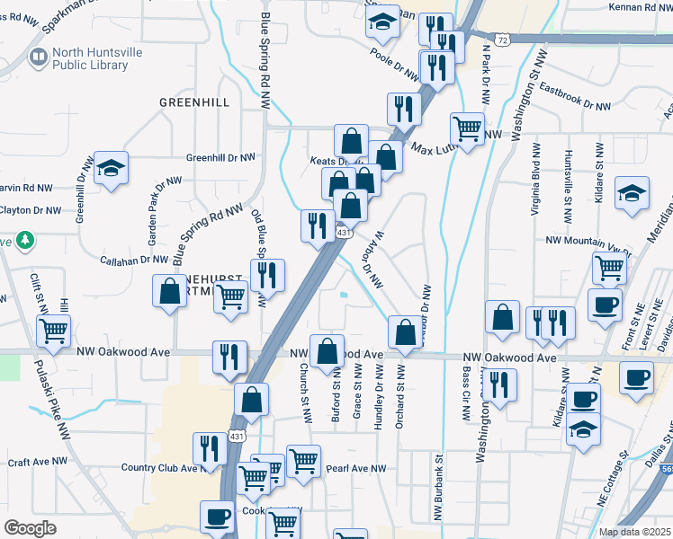 map of restaurants, bars, coffee shops, grocery stores, and more near 735 West Arbor Drive Northwest in Huntsville