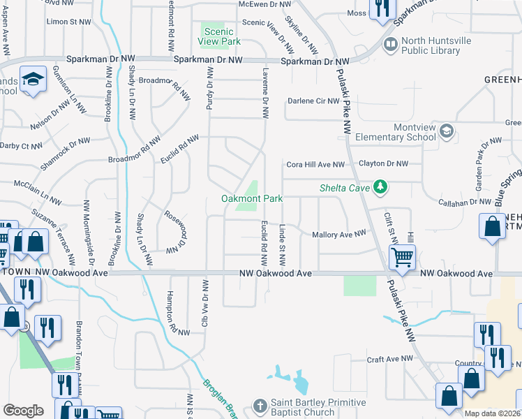 map of restaurants, bars, coffee shops, grocery stores, and more near 3015 Mallory Avenue Northwest in Huntsville