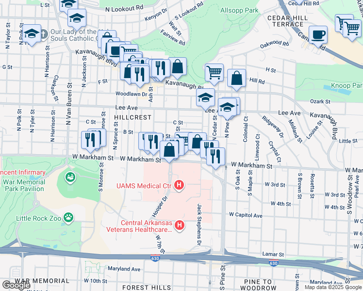 map of restaurants, bars, coffee shops, grocery stores, and more near 4224 West Markham Street in Little Rock