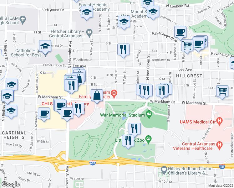 map of restaurants, bars, coffee shops, grocery stores, and more near 5418 West Markham Street in Little Rock