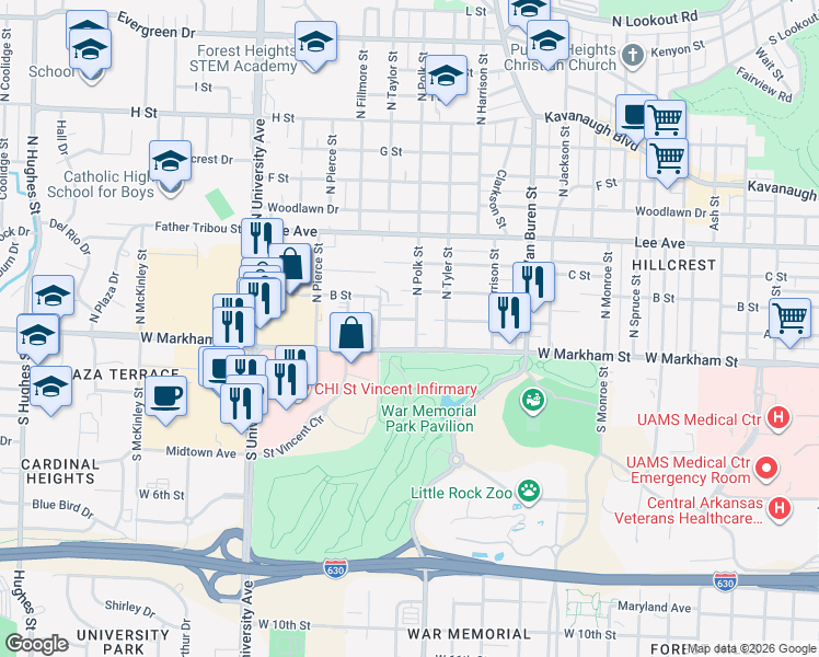 map of restaurants, bars, coffee shops, grocery stores, and more near in Little Rock