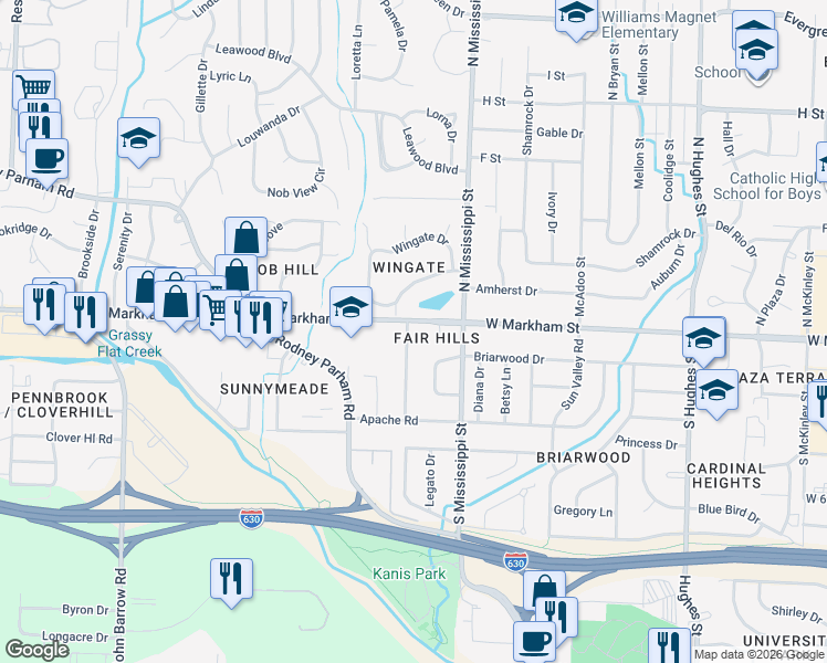 map of restaurants, bars, coffee shops, grocery stores, and more near 119 Hiawatha Drive in Little Rock