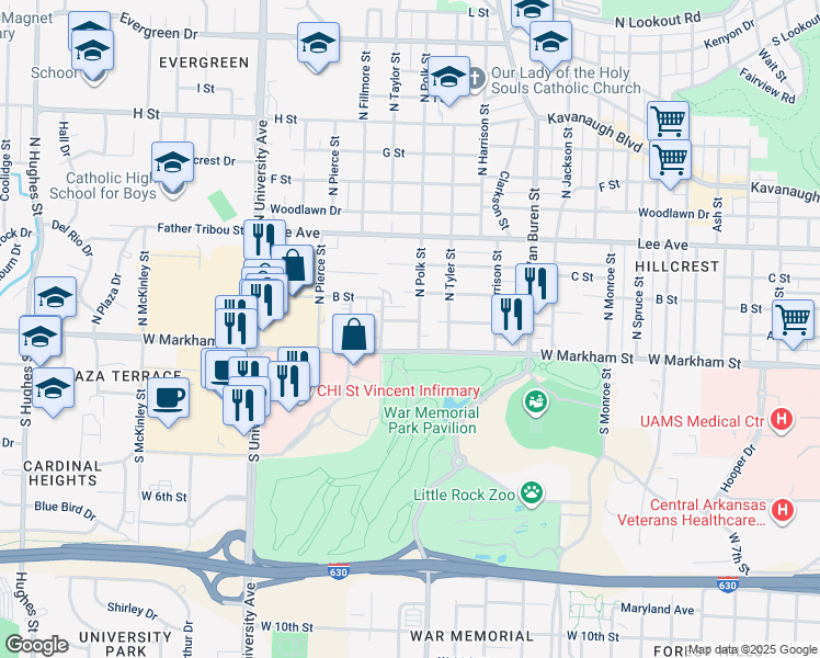 map of restaurants, bars, coffee shops, grocery stores, and more near in Little Rock