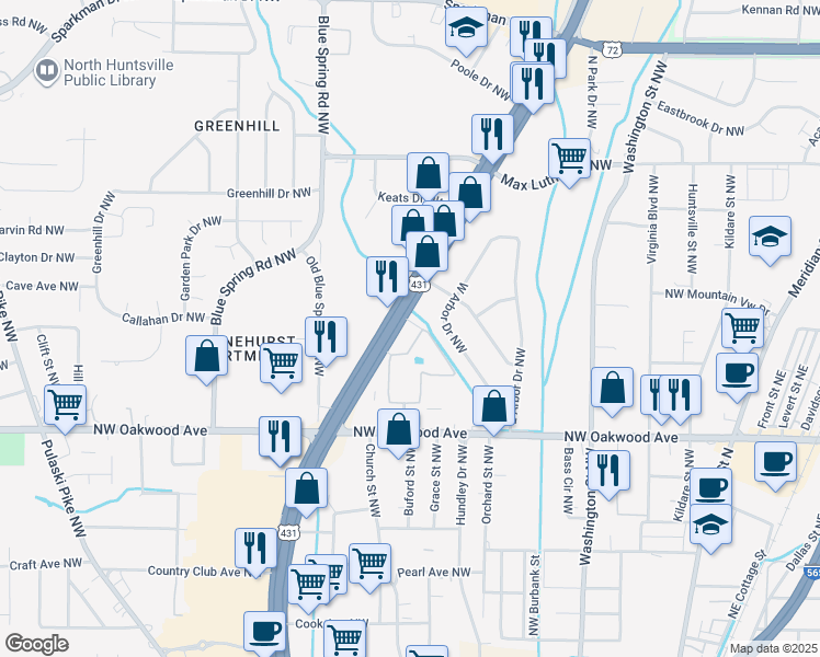 map of restaurants, bars, coffee shops, grocery stores, and more near 2218 Memorial Parkway Northwest in Huntsville