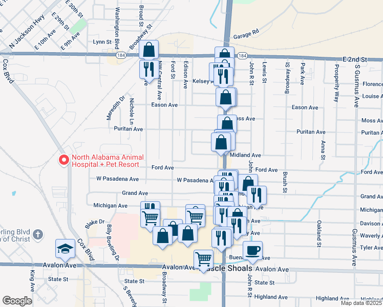 map of restaurants, bars, coffee shops, grocery stores, and more near 898 Hamilton Avenue in Muscle Shoals