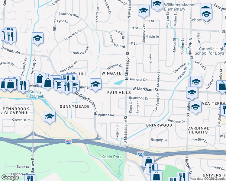 map of restaurants, bars, coffee shops, grocery stores, and more near 119 Hiawatha Drive in Little Rock