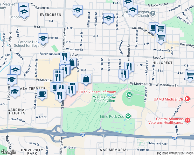 map of restaurants, bars, coffee shops, grocery stores, and more near 5515 A Street in Little Rock