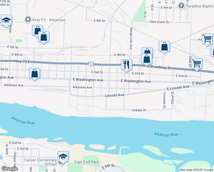 map of restaurants, bars, coffee shops, grocery stores, and more near 115 South Palm Street in North Little Rock