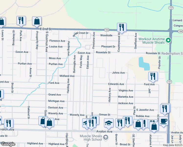 map of restaurants, bars, coffee shops, grocery stores, and more near 1692-1698 Stephanie Drive in Muscle Shoals