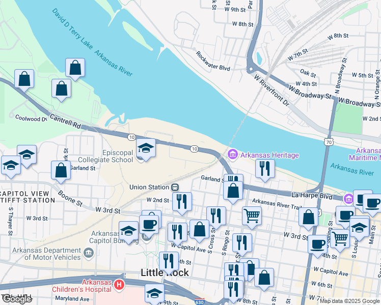 map of restaurants, bars, coffee shops, grocery stores, and more near 1415 Cantrell Road in Little Rock