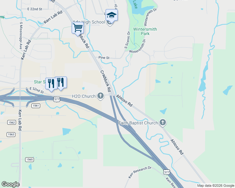 map of restaurants, bars, coffee shops, grocery stores, and more near 2100 Ahloso Road in Ada