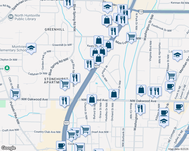 map of restaurants, bars, coffee shops, grocery stores, and more near 2316 Memorial Parkway Northwest in Huntsville