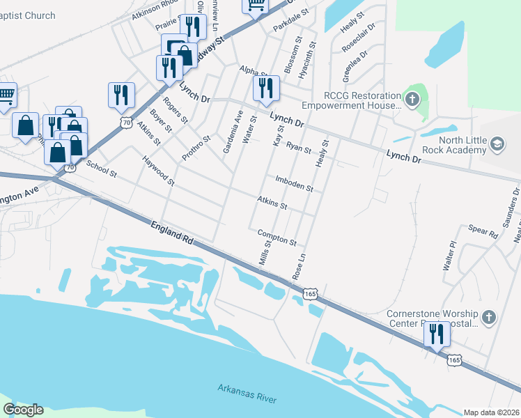 map of restaurants, bars, coffee shops, grocery stores, and more near 5029 Atkins Street in North Little Rock