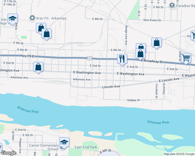 map of restaurants, bars, coffee shops, grocery stores, and more near 2502 East Washington Avenue in North Little Rock