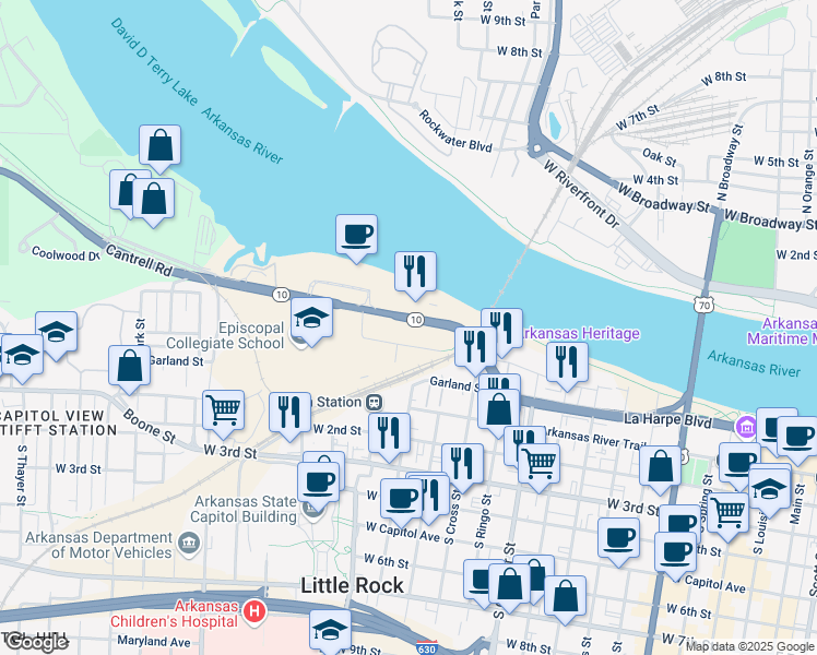 map of restaurants, bars, coffee shops, grocery stores, and more near 1406 Cantrell Road in Little Rock