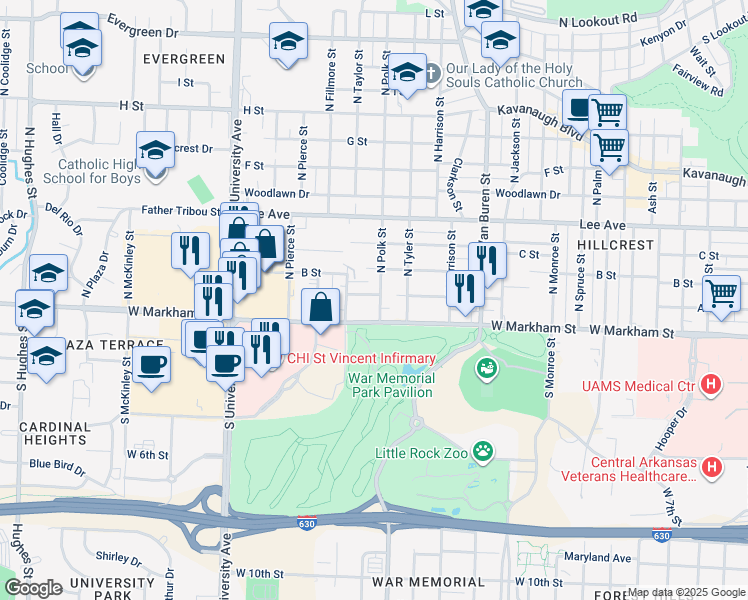 map of restaurants, bars, coffee shops, grocery stores, and more near 5503 B Street in Little Rock