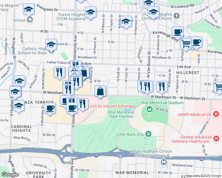 map of restaurants, bars, coffee shops, grocery stores, and more near 5503 B Street in Little Rock