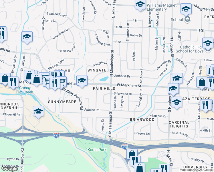 map of restaurants, bars, coffee shops, grocery stores, and more near 7600 West Markham Street in Little Rock