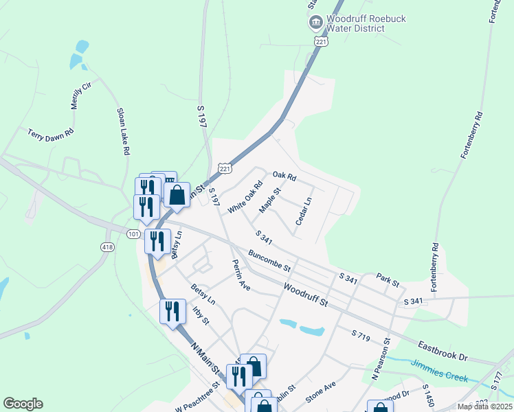 map of restaurants, bars, coffee shops, grocery stores, and more near 19 Maple Street in Woodruff