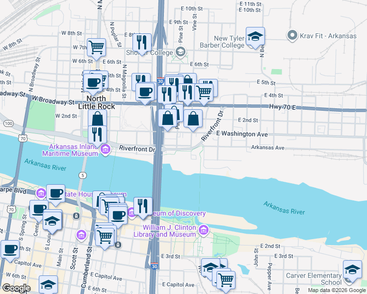 map of restaurants, bars, coffee shops, grocery stores, and more near 700 East Washington Avenue in North Little Rock
