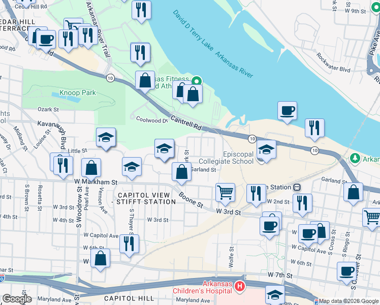 map of restaurants, bars, coffee shops, grocery stores, and more near 321 North Park Street in Little Rock