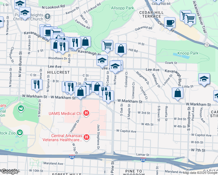 map of restaurants, bars, coffee shops, grocery stores, and more near 304 North Cedar Street in Little Rock