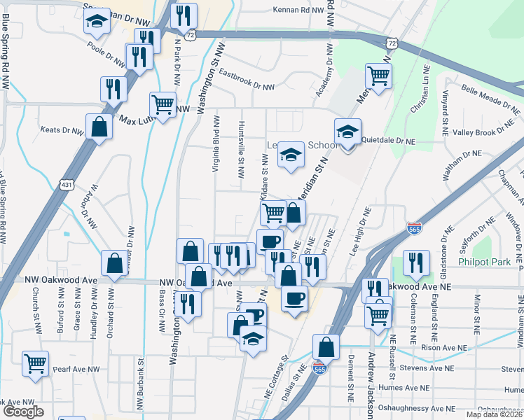 map of restaurants, bars, coffee shops, grocery stores, and more near 111 Mountain View Drive Northwest in Huntsville