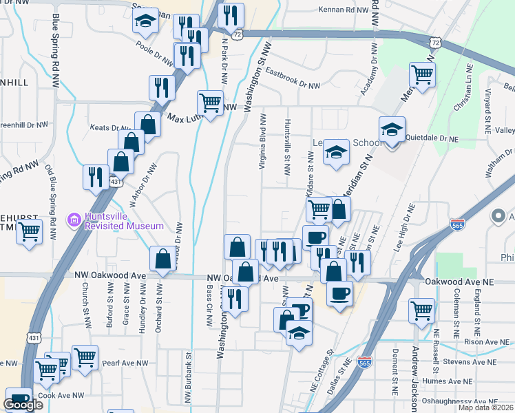 map of restaurants, bars, coffee shops, grocery stores, and more near 2310 Virginia Boulevard Northwest in Huntsville