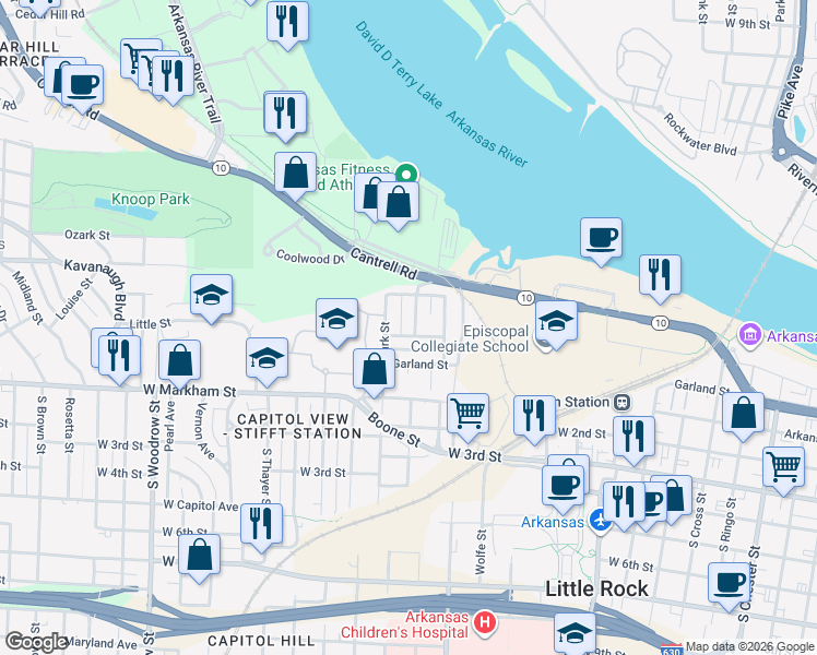 map of restaurants, bars, coffee shops, grocery stores, and more near 325 North Schiller Street in Little Rock