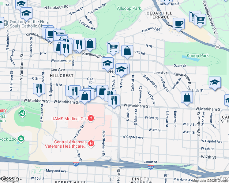 map of restaurants, bars, coffee shops, grocery stores, and more near 304 North Cedar Street in Little Rock