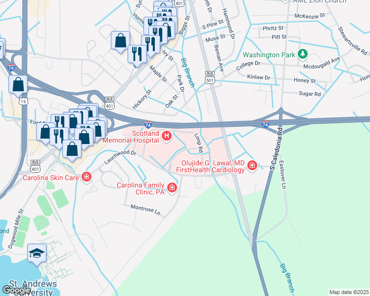 map of restaurants, bars, coffee shops, grocery stores, and more near 500 Lauchwood Drive in Laurinburg
